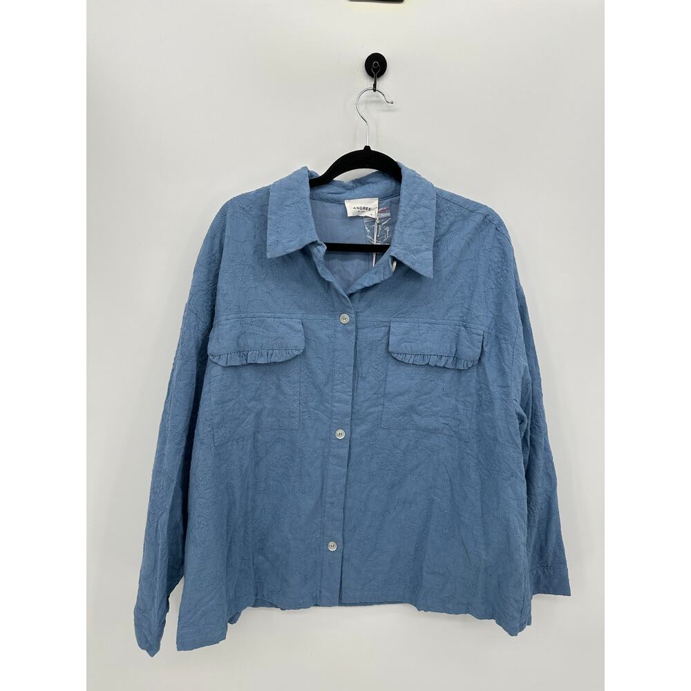 Andree Womens Embroidered‎ Button Front Shirt Sz 1X Ruffle Boho Cottagecore NWT